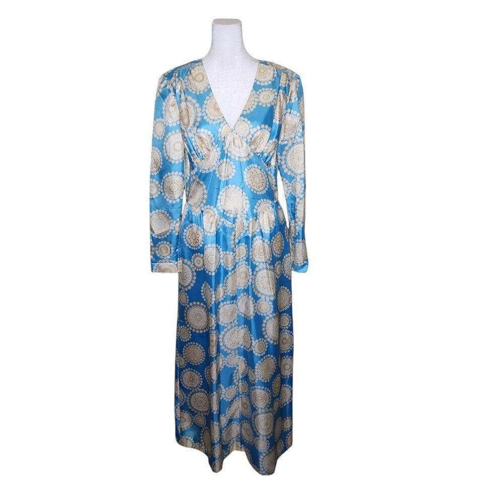 Vintage 70s Maxi Hostess Boho Satin Dress Womens Size M Blue